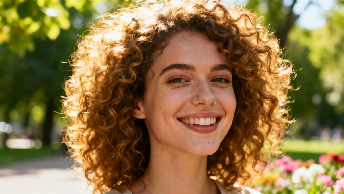 Woman with healthy, vibrant curly hair smiling outdoors.
