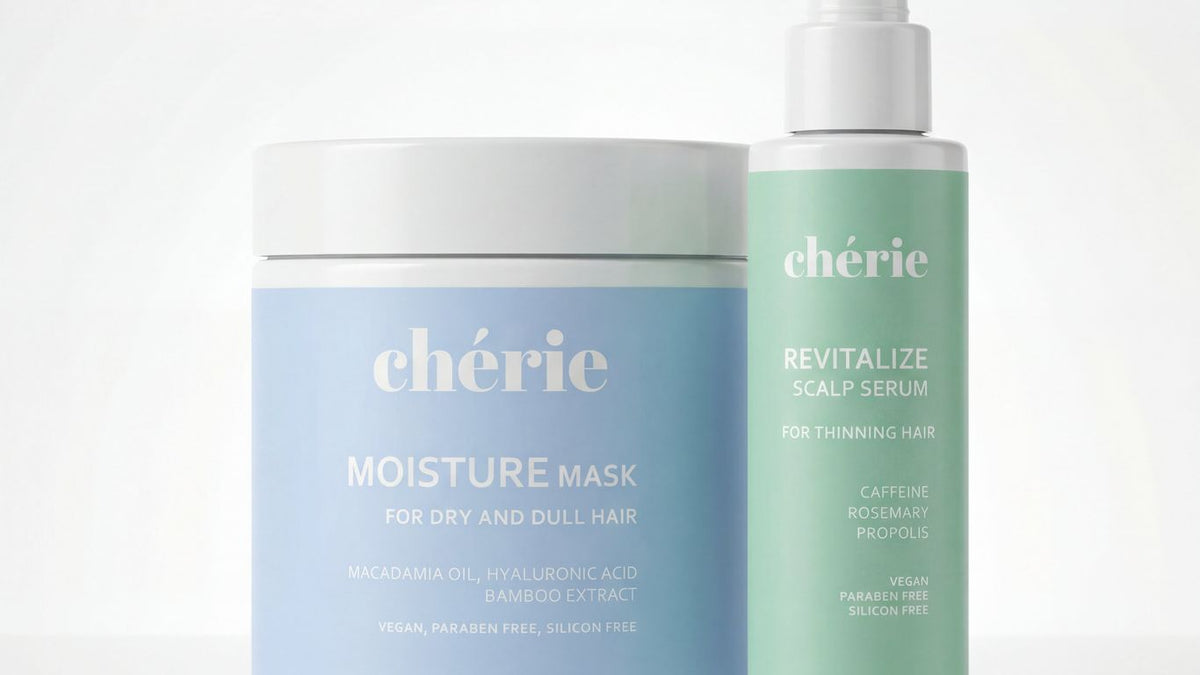 Two bottles of hair products, a moisture mask and scalp serum.