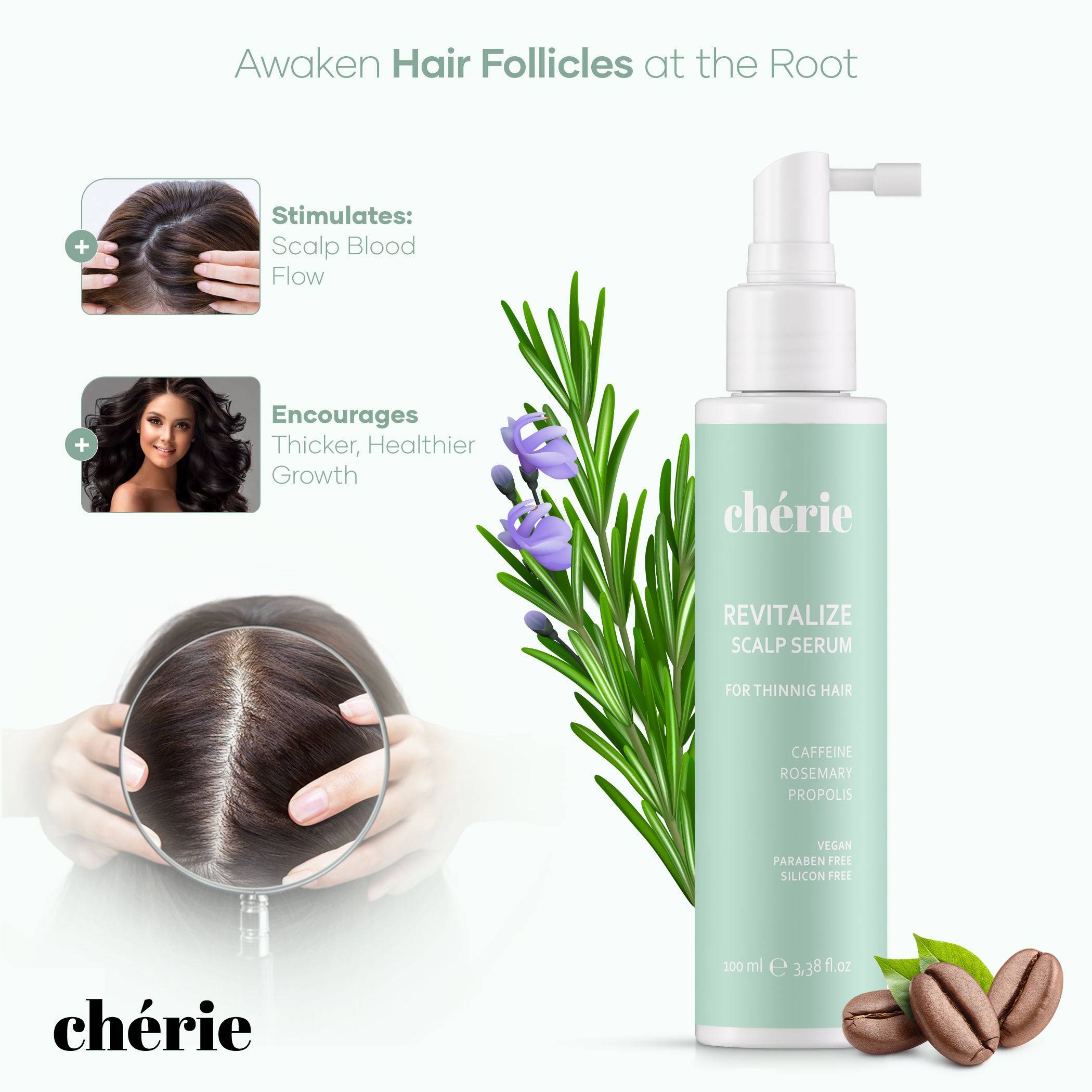 Chérie rosemary caffeine scalp serum formula close-up
