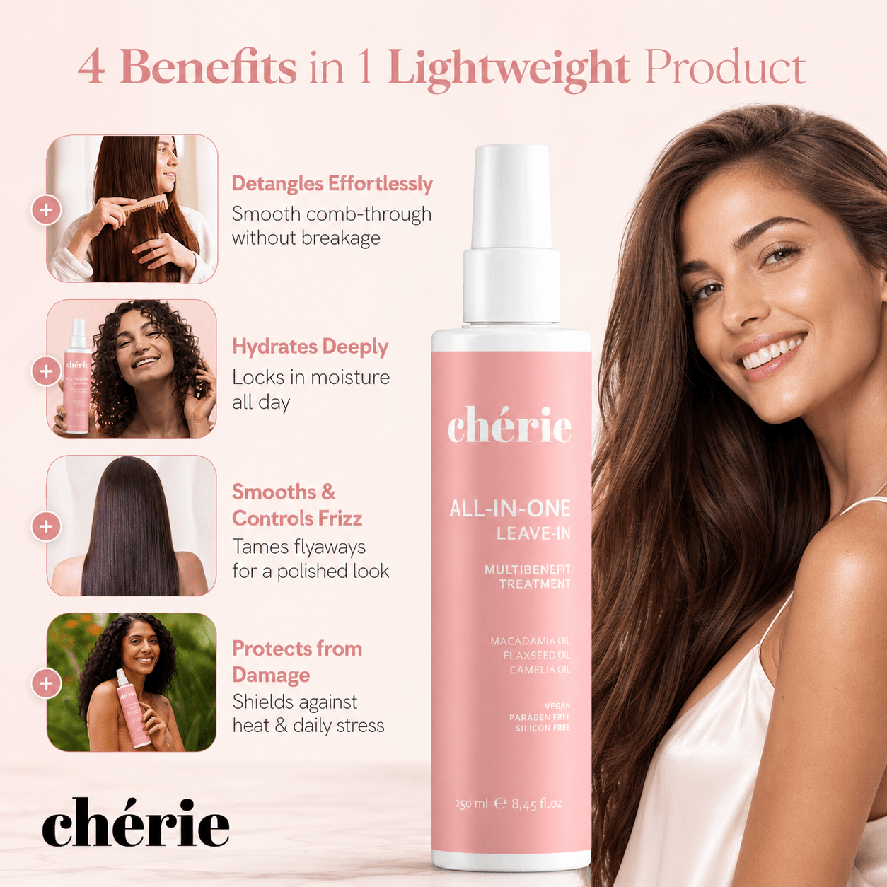 Chérie hair care product with benefits listed and a model using the product.