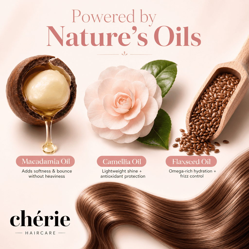 Advertisement for chérie haircare featuring macadamia oil, camellia oil, and flaxseed oil with text highlighting their benefits.