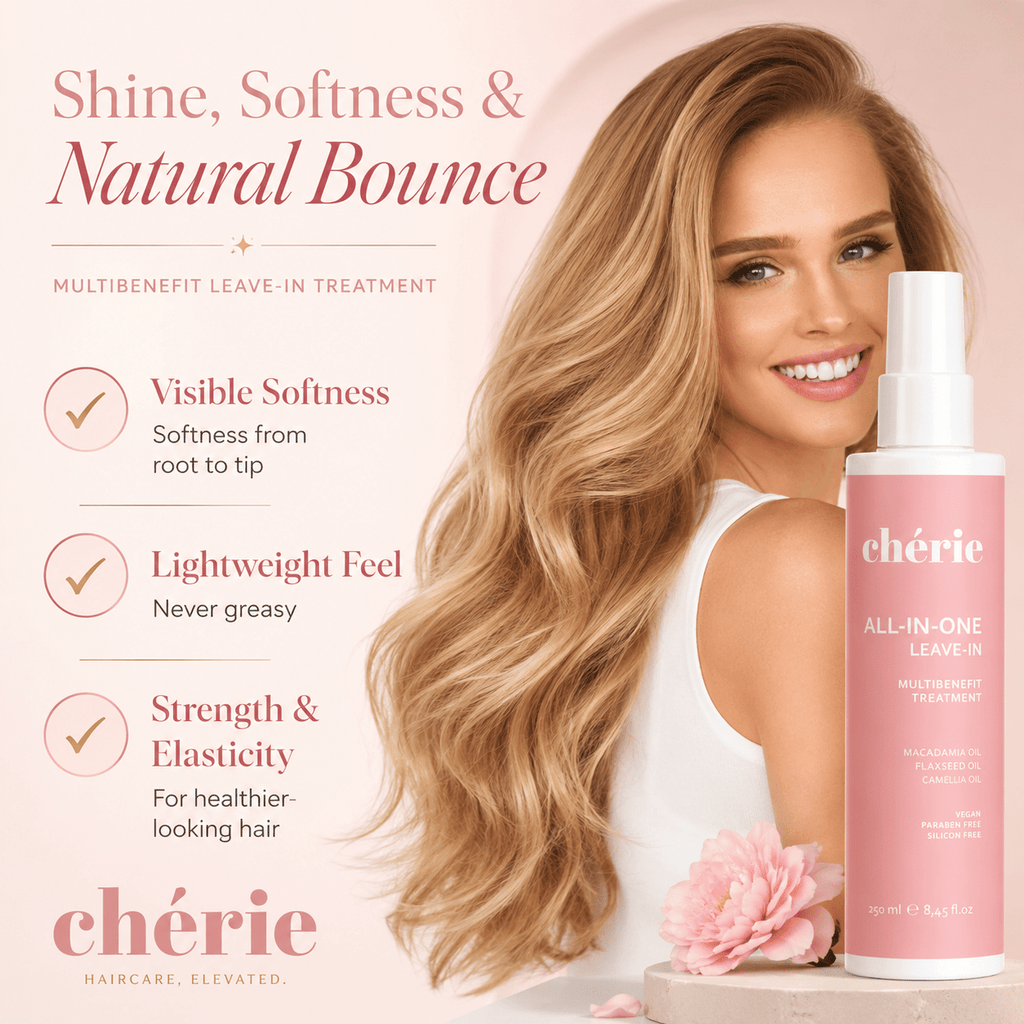 Woman with long blonde hair next to a bottle of Chérie hair product on a pink background