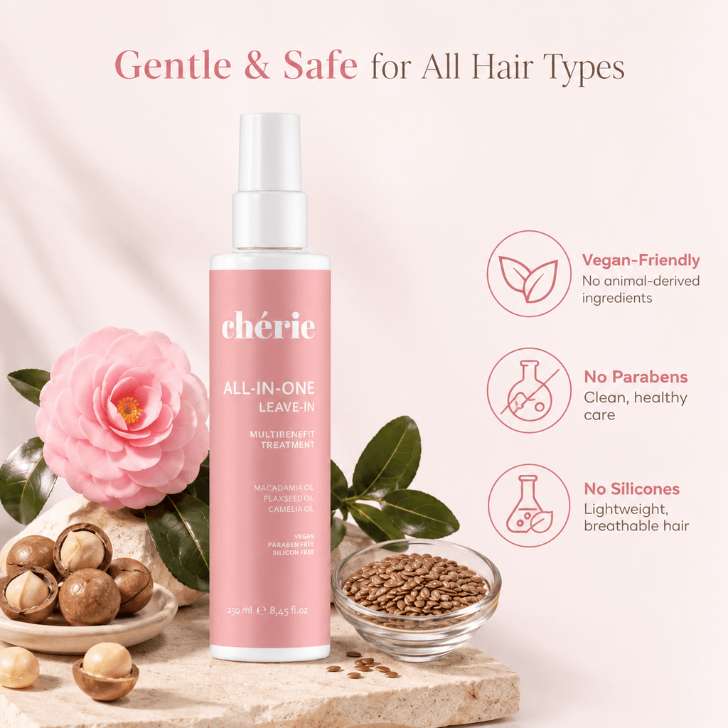 Chérie All-in-One Leave-In product with vegan-friendly, paraben-free, and silicone-free icons on a light background.