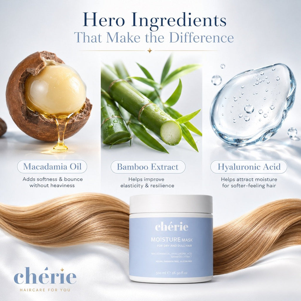 Chérie haircare product with macadamia oil, bamboo extract, and hyaluronic acid displayed.