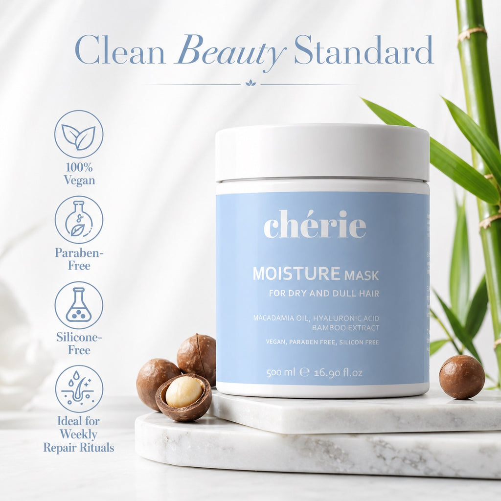 Chérie moisture mask jar with ingredients and 'Clean Beauty Standard' text on a light background