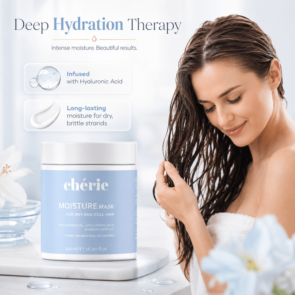 Chérie moisture mask with a woman holding wet hair against a light background