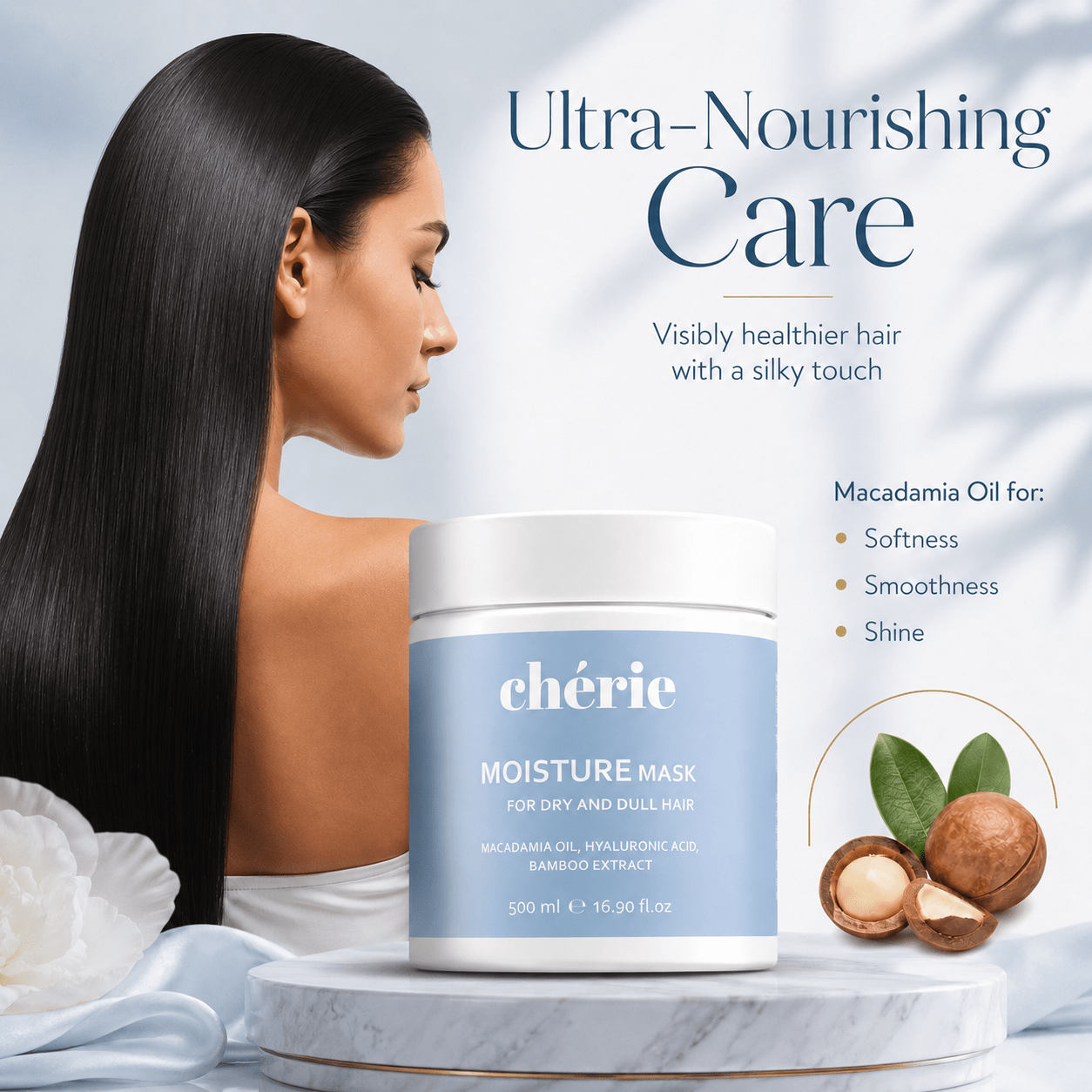 Chérie moisture mask with a woman having long, healthy hair on a light background