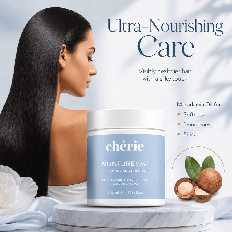 Chérie moisture mask with a woman having long, healthy hair on a light background