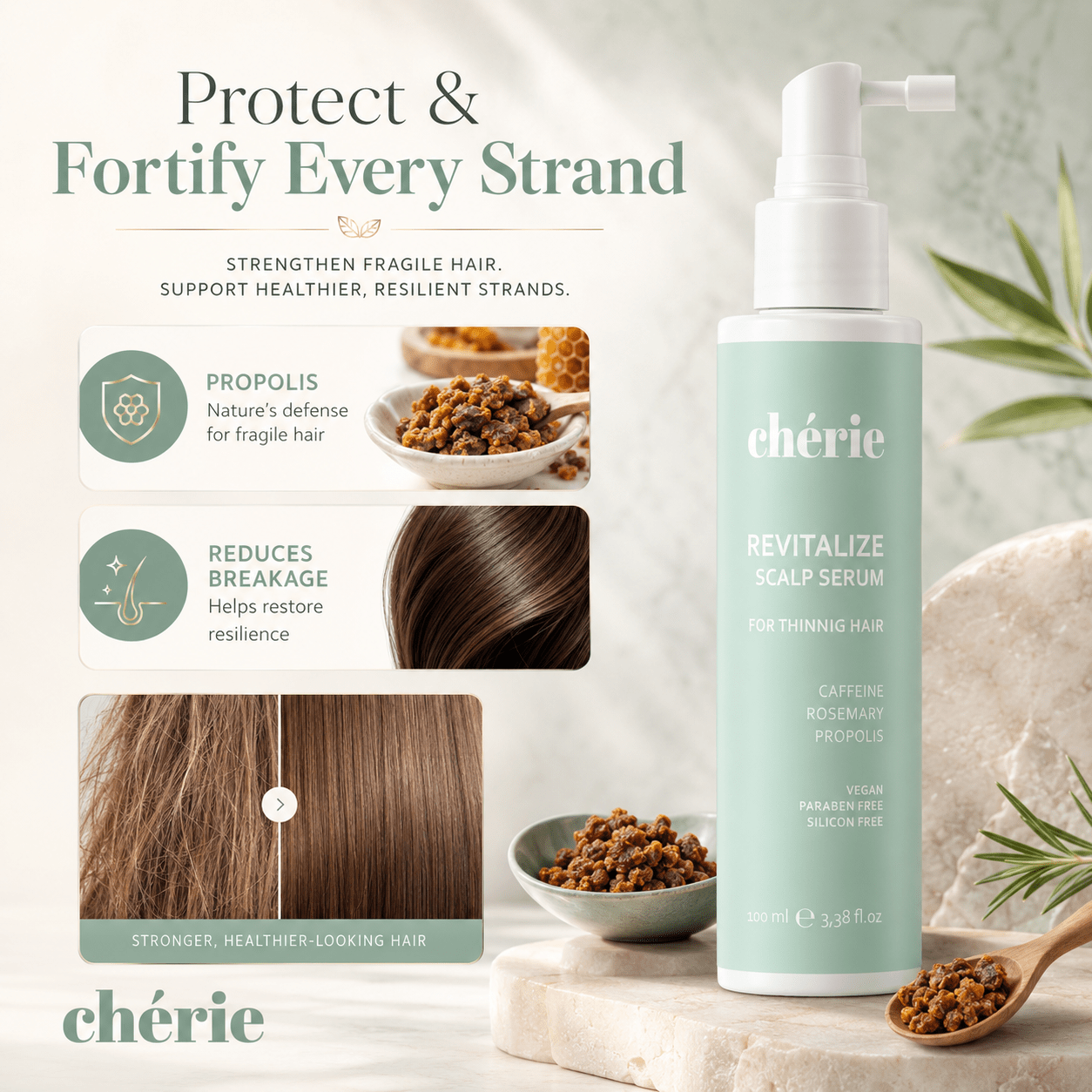 Chérie revitalizing scalp serum bottle with promotional text and images on a light background