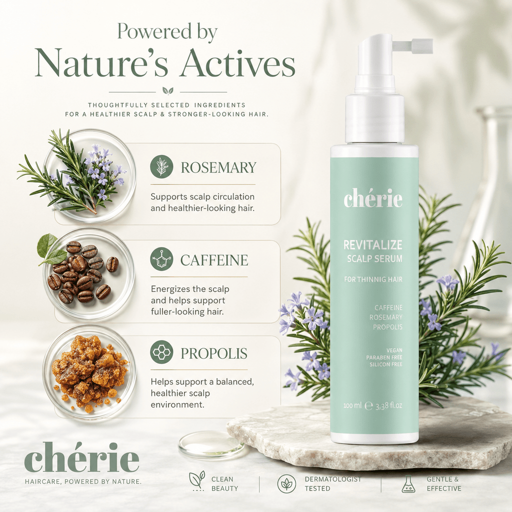 Chérie Revitalize Scalp Serum with nature's actives on a light background