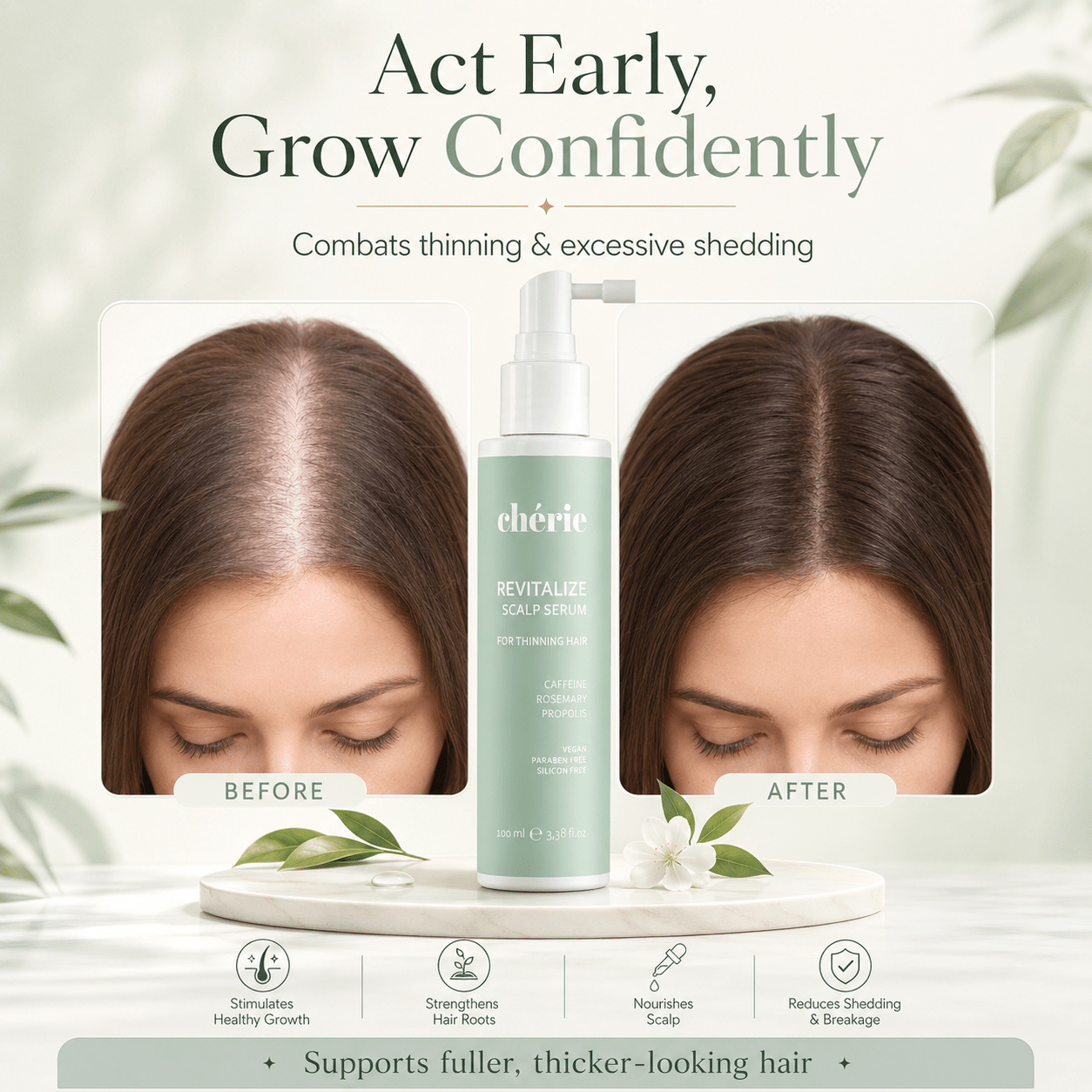 Hair care product with 'Before' and 'After' comparison of hair on a woman's head, set against a light background.