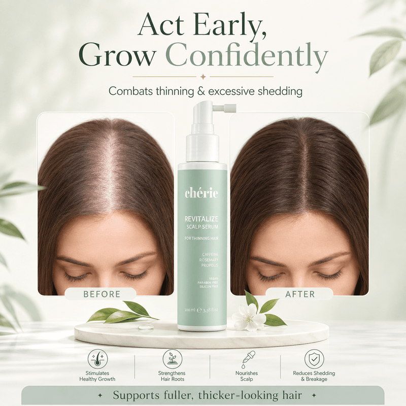 Hair care product with 'Before' and 'After' comparison of hair on a woman's head, set against a light background.