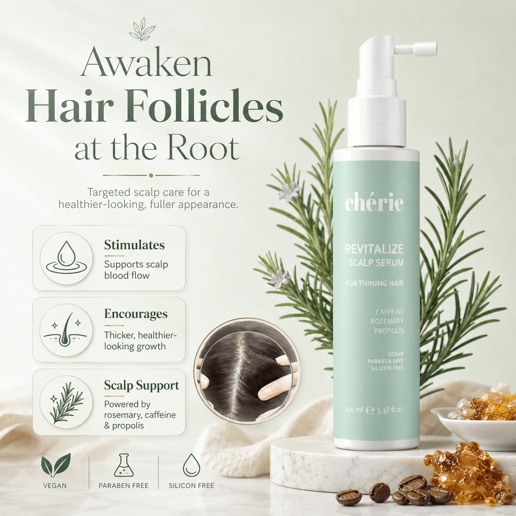 Chérie Revitalize Scalp Serum bottle with text and images on a light background