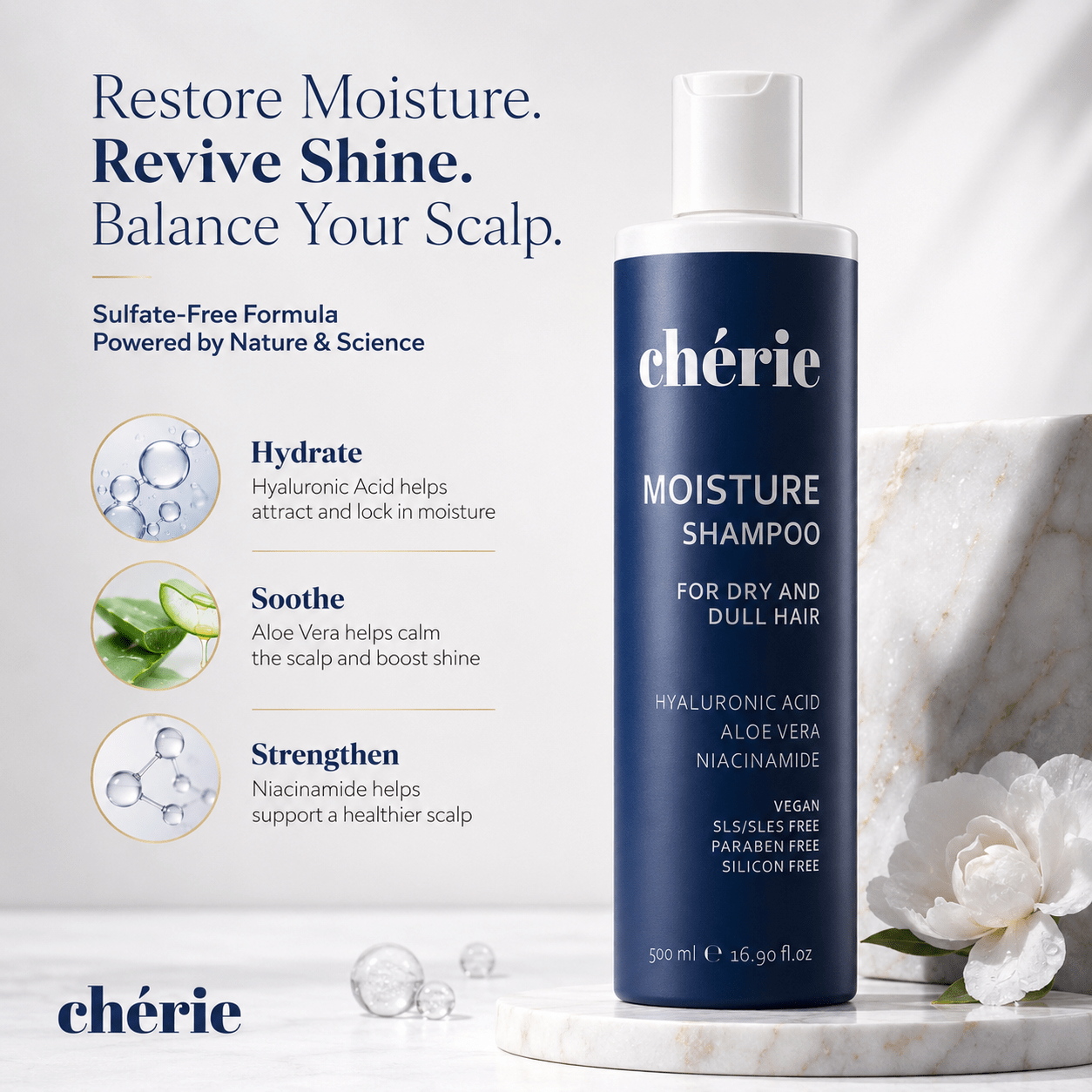 Chérie moisture shampoo bottle with product features on a light background