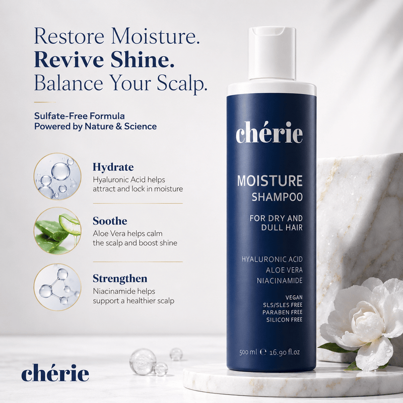 Chérie moisture shampoo bottle with product features on a light background