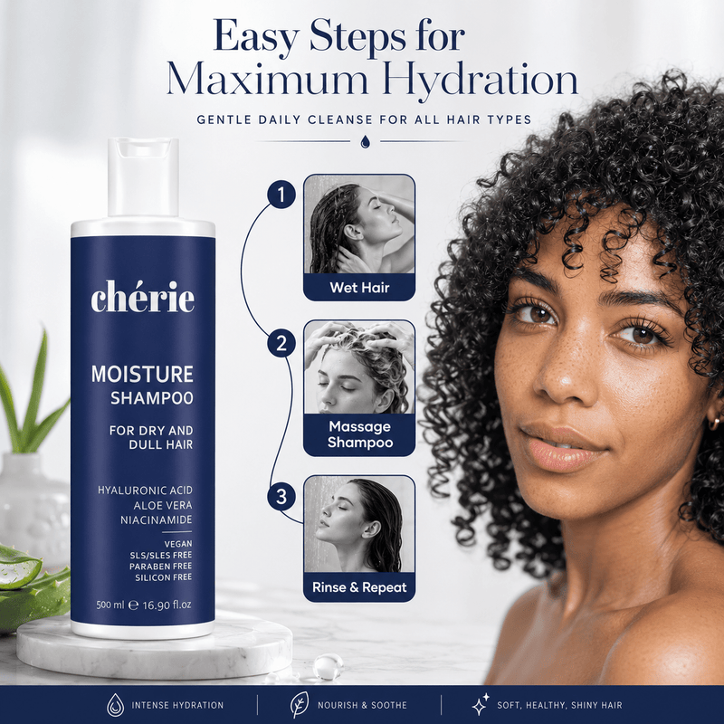Chérie shampoo bottle with a woman and step-by-step guide for maximum hydration on a white background