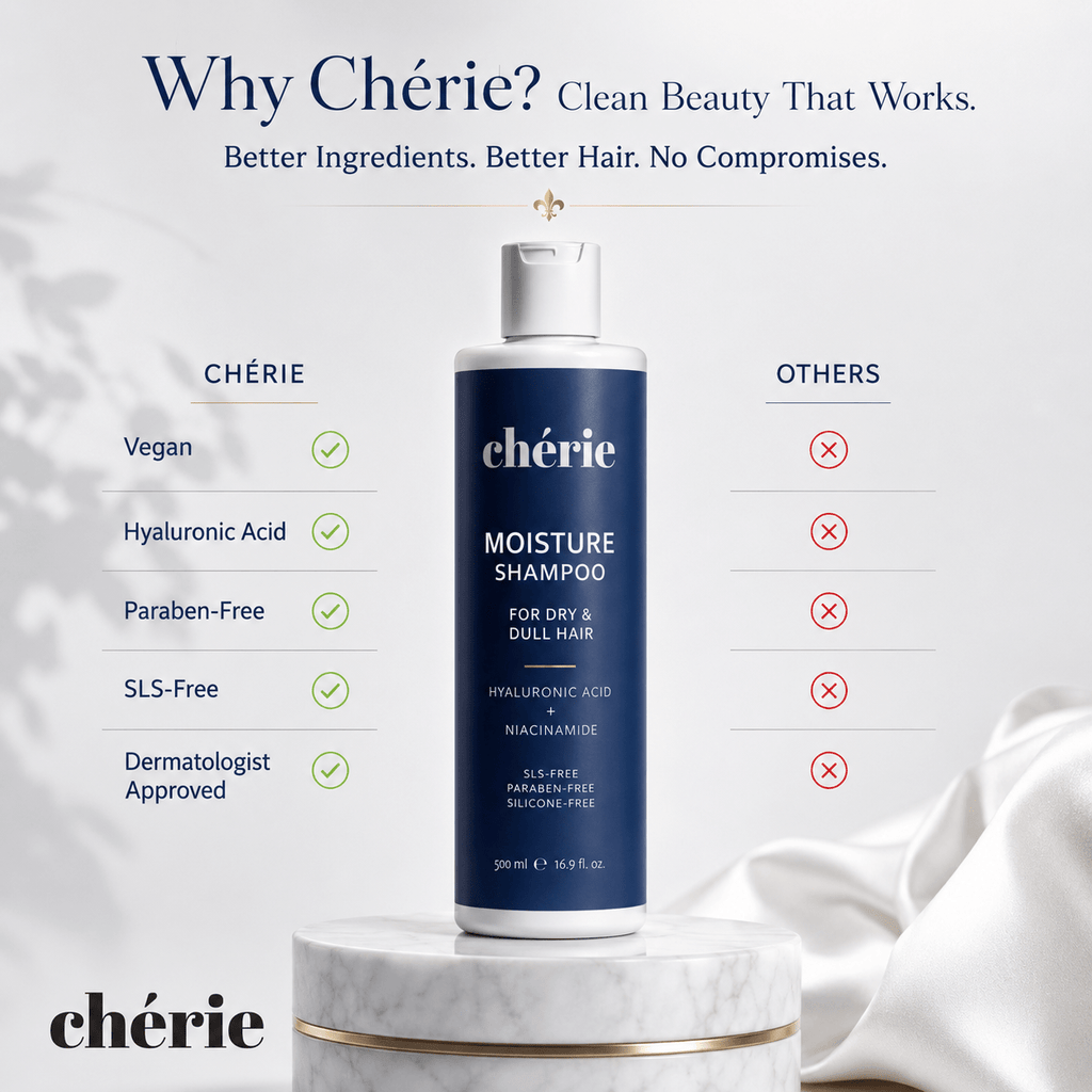 Chérie shampoo bottle with comparison chart on a light gray background