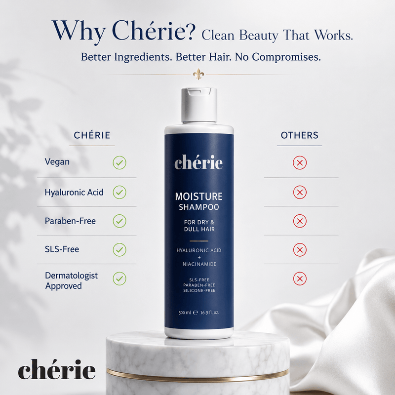 Chérie shampoo bottle with comparison chart on a light gray background