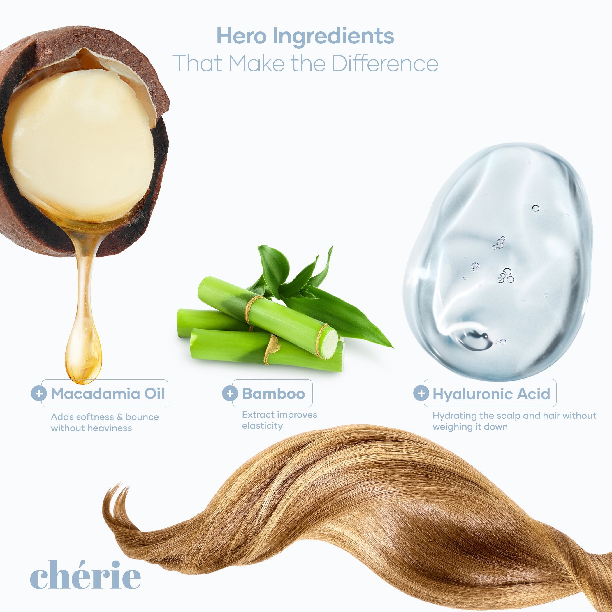 Chérie hair mask rich formula texture with macadamia oil, bamboo extract, and hyaluronic acid