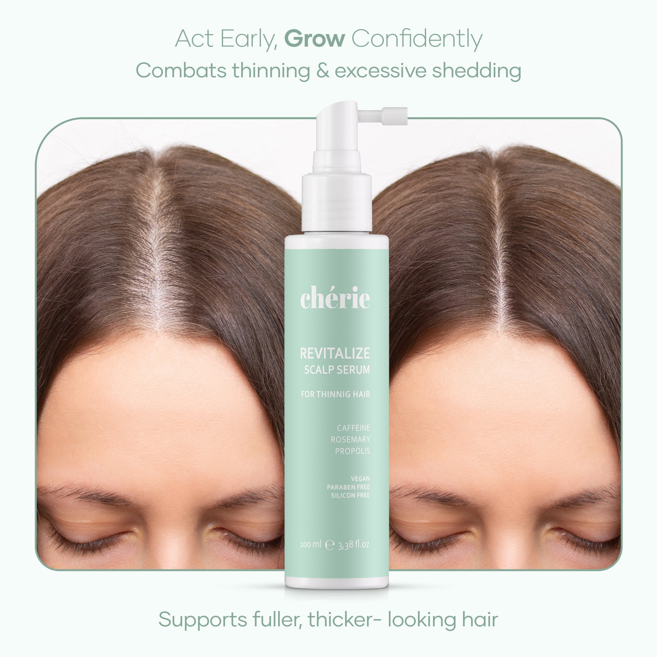 Chérie Revitalize Scalp Serum bottle with split hair showing before and after effects on a white background.