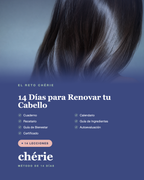 Reto Chérie: 14 Días para Renovar tu Cabello — póster vertical con lista de materiales